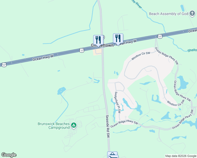map of restaurants, bars, coffee shops, grocery stores, and more near 7163-7173 Farm Loop Path Southwest in Sunset Beach