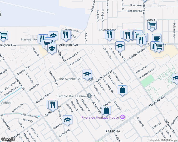 map of restaurants, bars, coffee shops, grocery stores, and more near 4296 Eileen Street in Riverside