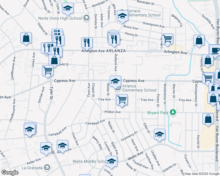map of restaurants, bars, coffee shops, grocery stores, and more near 5931 Noble Street in Riverside