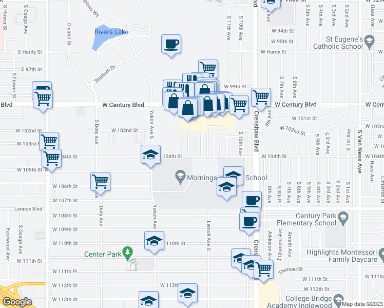 map of restaurants, bars, coffee shops, grocery stores, and more near 3409 West 104th Street in Inglewood