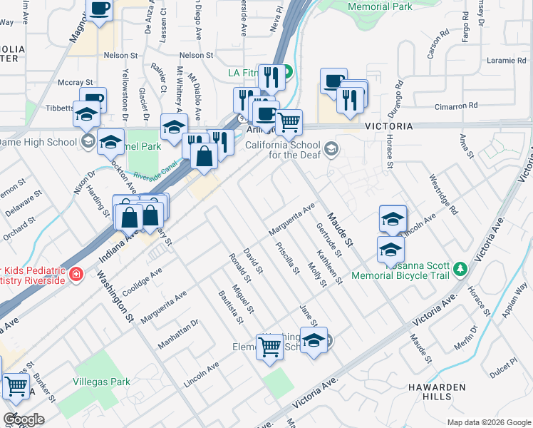 map of restaurants, bars, coffee shops, grocery stores, and more near 6641 Harley Street in Riverside