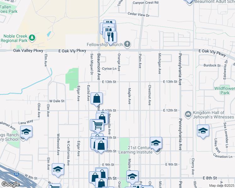 map of restaurants, bars, coffee shops, grocery stores, and more near 1255 Orange Avenue in Beaumont