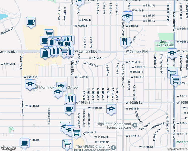 map of restaurants, bars, coffee shops, grocery stores, and more near 10252 South 6th Avenue in Inglewood