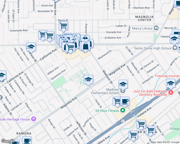 map of restaurants, bars, coffee shops, grocery stores, and more near 3892 San Mateo Ave in Riverside