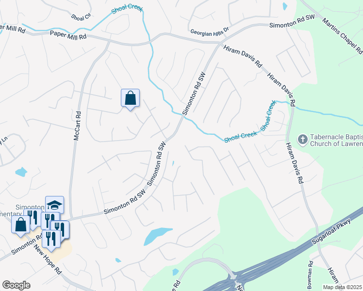 map of restaurants, bars, coffee shops, grocery stores, and more near 1807 Shaker Falls Lane in Lawrenceville