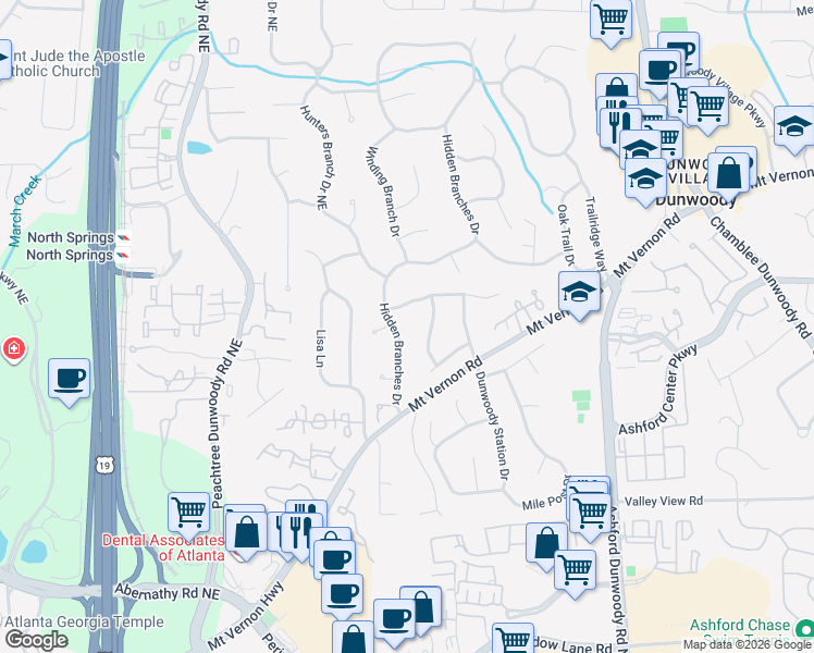 map of restaurants, bars, coffee shops, grocery stores, and more near 4909 Hidden Branches Drive in Dunwoody