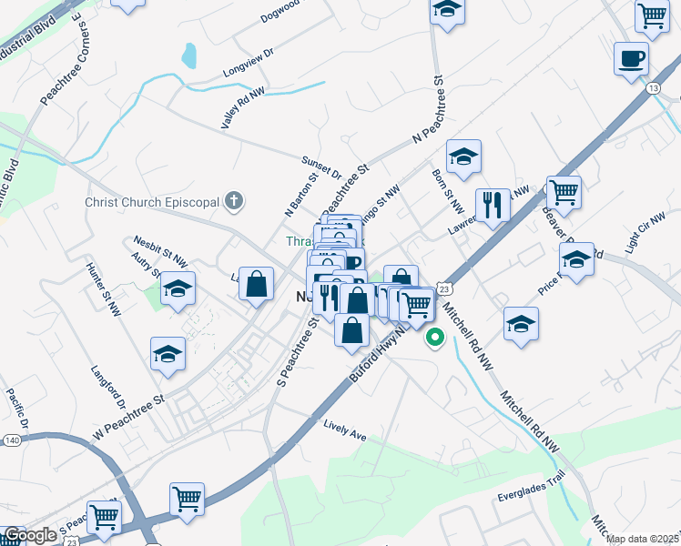map of restaurants, bars, coffee shops, grocery stores, and more near 15b South Peachtree Street in Norcross