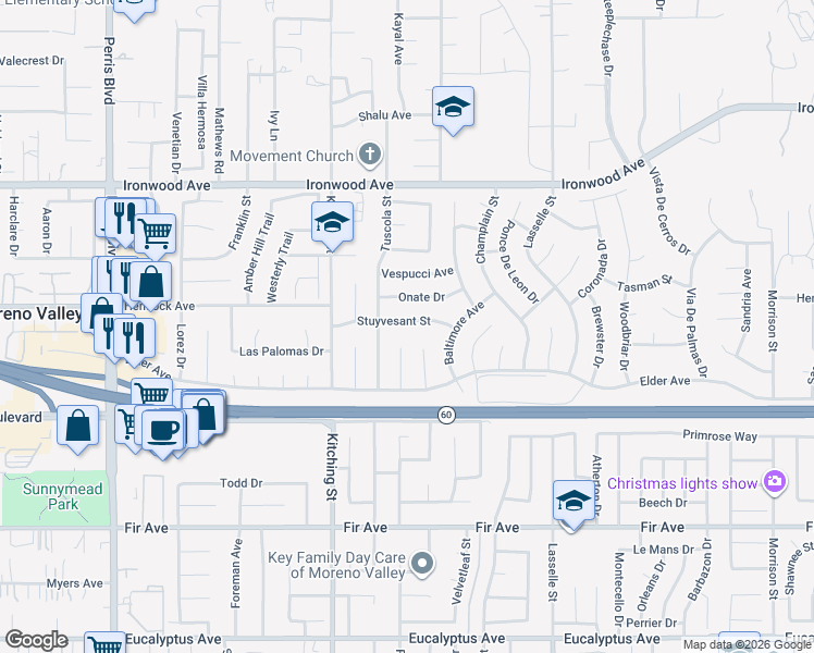 map of restaurants, bars, coffee shops, grocery stores, and more near 25653 Stuyvesant Street in Moreno Valley