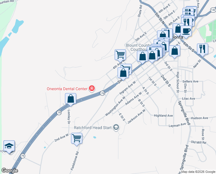 map of restaurants, bars, coffee shops, grocery stores, and more near 406 2nd Avenue West in Oneonta
