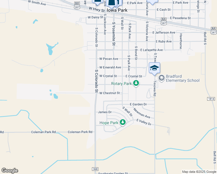 map of restaurants, bars, coffee shops, grocery stores, and more near 205 West Diamond Avenue in Iowa Park