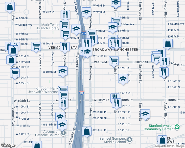map of restaurants, bars, coffee shops, grocery stores, and more near 3 West 104th Street in Los Angeles