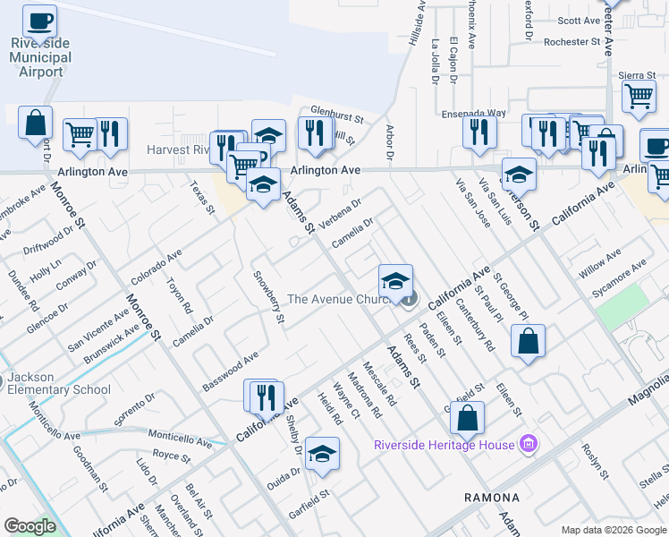 map of restaurants, bars, coffee shops, grocery stores, and more near 4398 Adams Street in Riverside