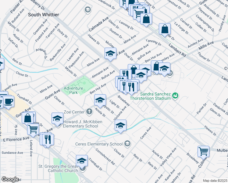 map of restaurants, bars, coffee shops, grocery stores, and more near 14042 Fernview Street in Whittier