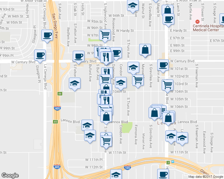 map of restaurants, bars, coffee shops, grocery stores, and more near 10333 Dalerose Avenue in Lennox