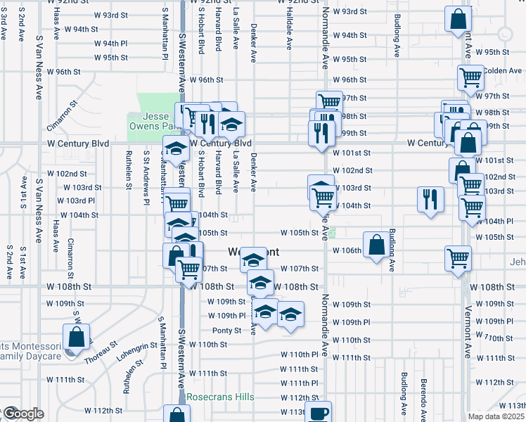 map of restaurants, bars, coffee shops, grocery stores, and more near 1530 West 104th Street in Los Angeles
