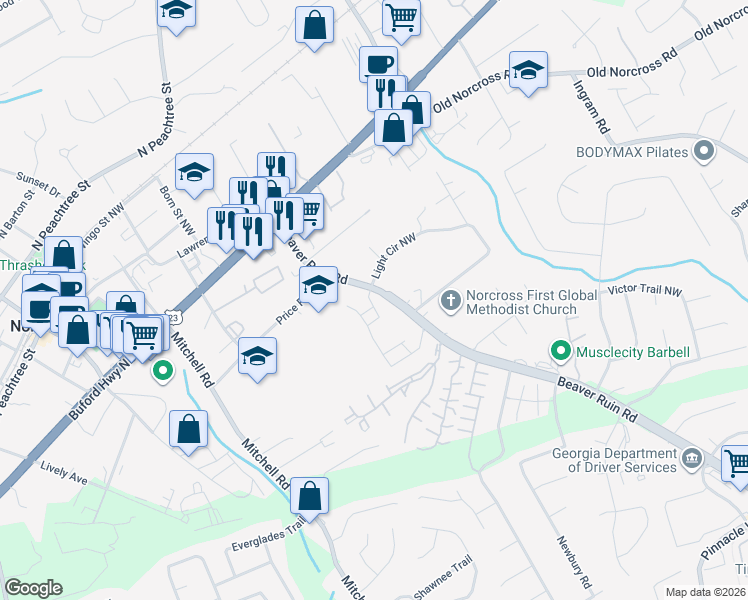map of restaurants, bars, coffee shops, grocery stores, and more near 2595 Alston Trace in Norcross