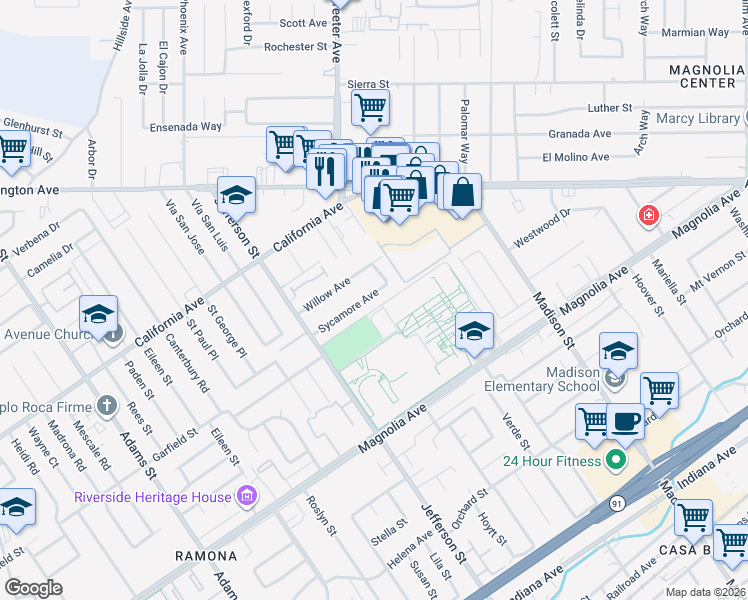 map of restaurants, bars, coffee shops, grocery stores, and more near 7760 Sycamore Avenue in Riverside