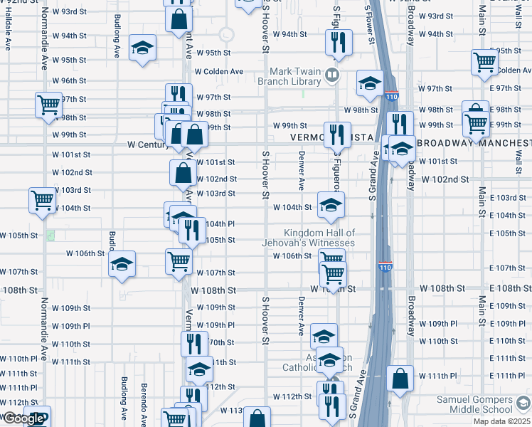 map of restaurants, bars, coffee shops, grocery stores, and more near 10407 South Hoover Street in Los Angeles