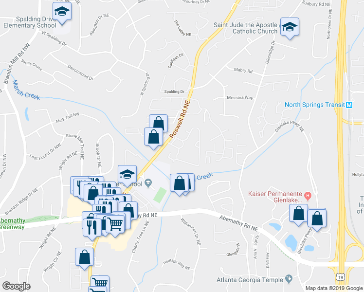 map of restaurants, bars, coffee shops, grocery stores, and more near 6851 Roswell Road in Sandy Springs