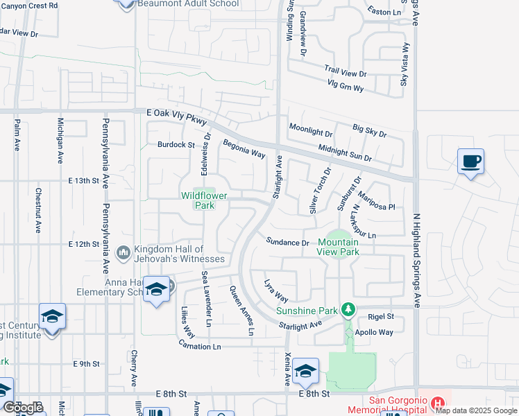 map of restaurants, bars, coffee shops, grocery stores, and more near 1294 Burgundy Rose Way in Beaumont