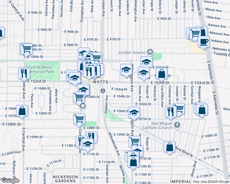 map of restaurants, bars, coffee shops, grocery stores, and more near 10357 Holmes Avenue in Los Angeles