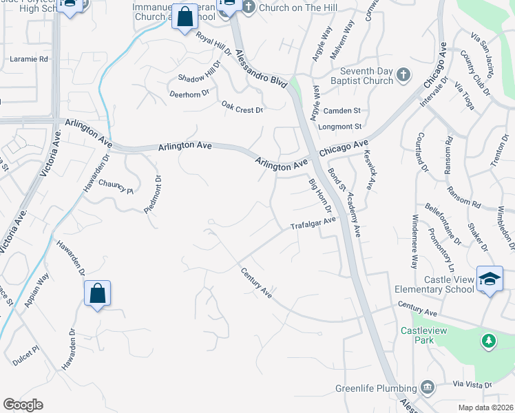 map of restaurants, bars, coffee shops, grocery stores, and more near 2223 El Capitan Drive in Riverside