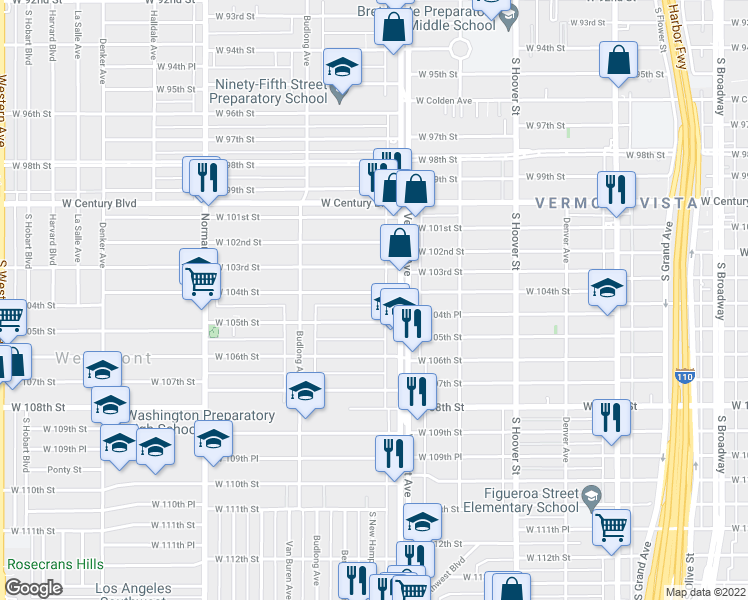 map of restaurants, bars, coffee shops, grocery stores, and more near 1028 West 104th Street in Los Angeles