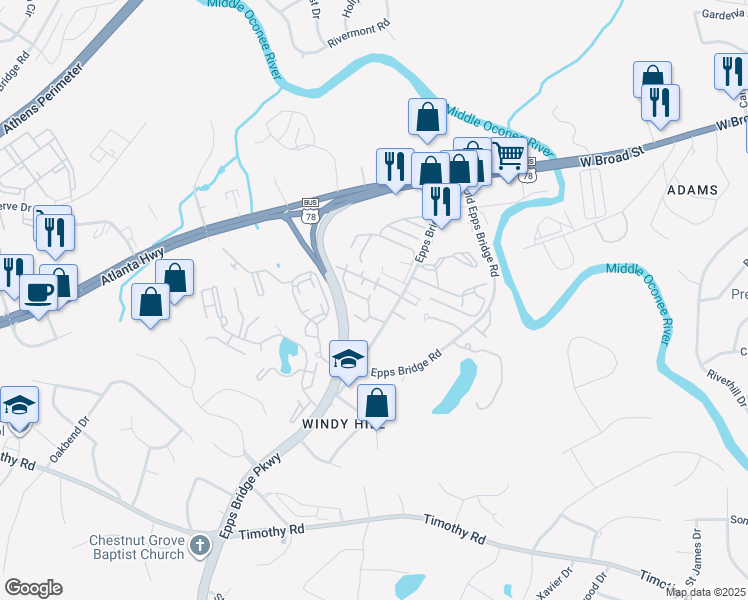 map of restaurants, bars, coffee shops, grocery stores, and more near 232 Epps Bridge Road in Athens