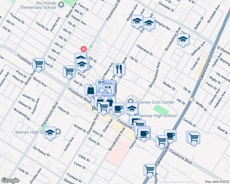 map of restaurants, bars, coffee shops, grocery stores, and more near 10916 Downey Avenue in Downey