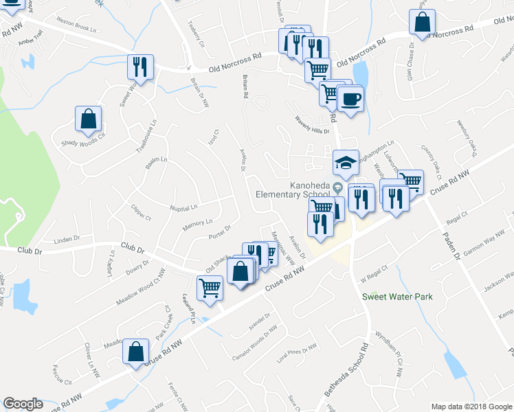 map of restaurants, bars, coffee shops, grocery stores, and more near 1145 Avalon Drive in Lawrenceville
