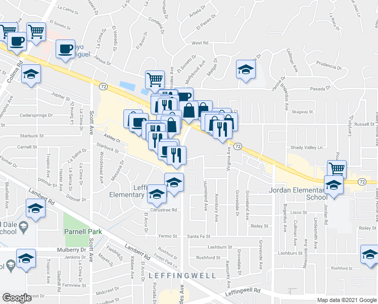 map of restaurants, bars, coffee shops, grocery stores, and more near 10406 Santa Gertrudes Avenue in Whittier