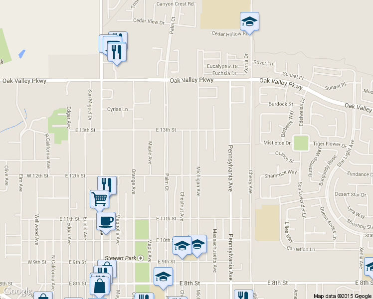 map of restaurants, bars, coffee shops, grocery stores, and more near 1254 Chestnut Avenue in Beaumont