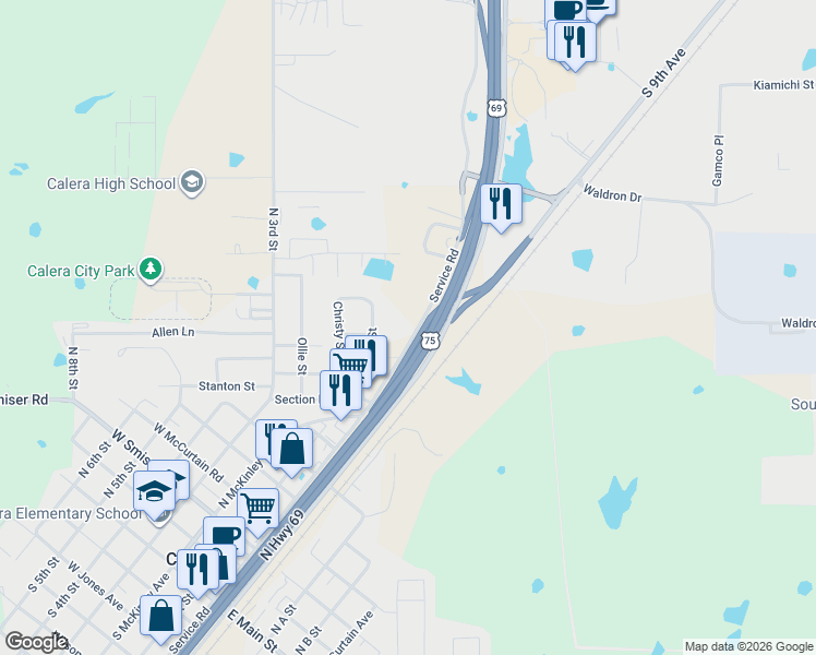 map of restaurants, bars, coffee shops, grocery stores, and more near 1007 Service Road in Calera