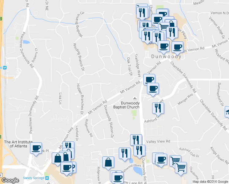 map of restaurants, bars, coffee shops, grocery stores, and more near 4894 Bellewood Park in Dunwoody