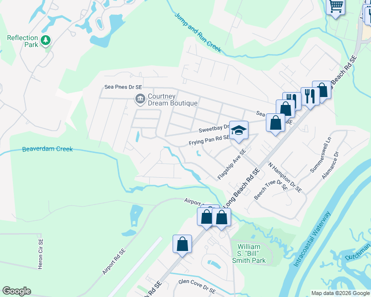 map of restaurants, bars, coffee shops, grocery stores, and more near 4359 Frying Pan Road Southeast in Southport