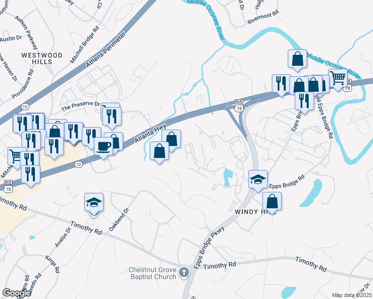 map of restaurants, bars, coffee shops, grocery stores, and more near 132 Wood Lake Drive in Athens