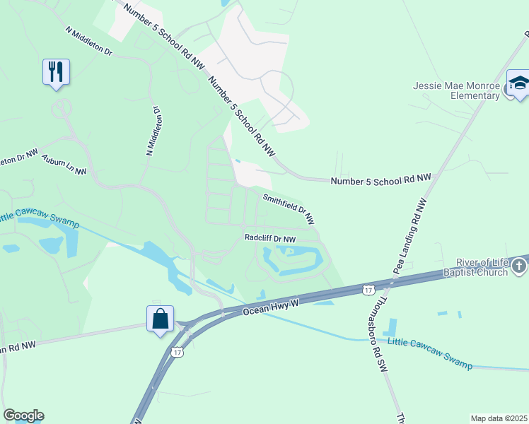 map of restaurants, bars, coffee shops, grocery stores, and more near 164 Drummond Drive Northwest in Calabash