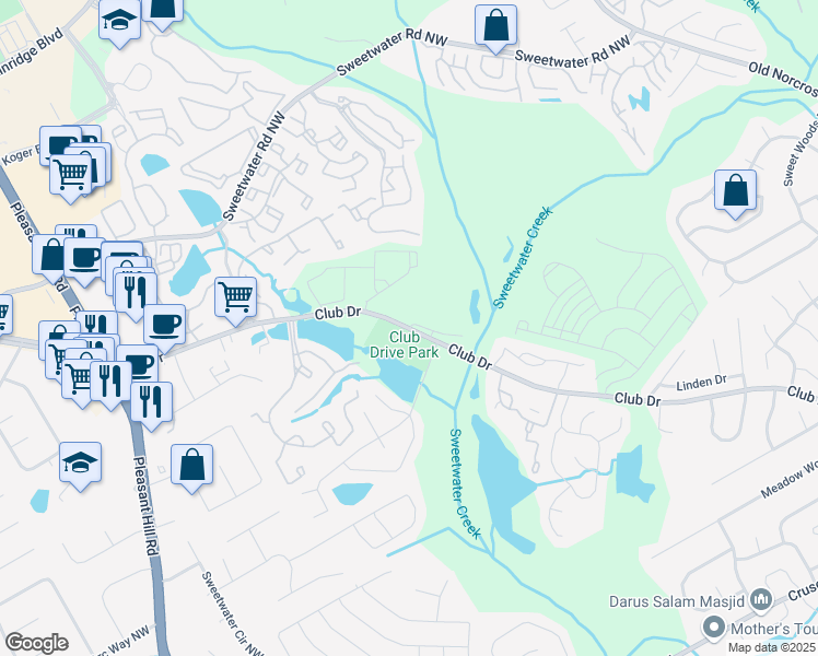 map of restaurants, bars, coffee shops, grocery stores, and more near 3387 Club Drive in Lawrenceville