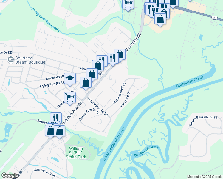 map of restaurants, bars, coffee shops, grocery stores, and more near 3 Dreamweaver Court in Southport