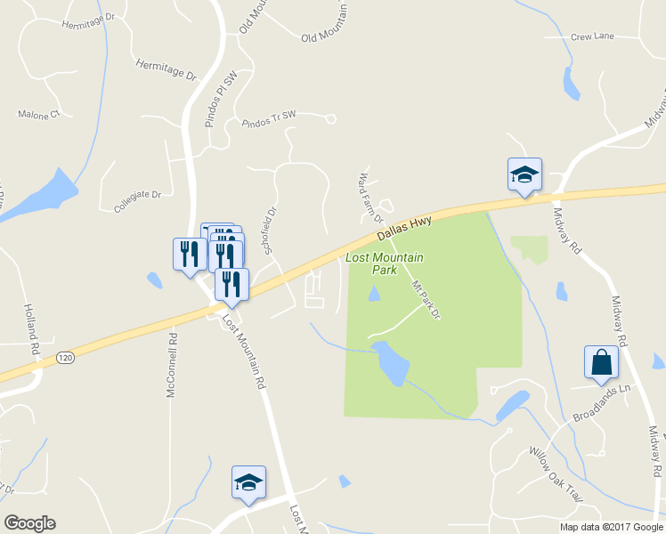 map of restaurants, bars, coffee shops, grocery stores, and more near 504 Mount Park Drive in Powder Springs