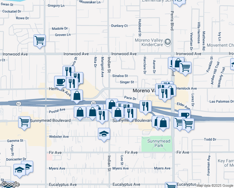 map of restaurants, bars, coffee shops, grocery stores, and more near 24552 Pace Drive in Moreno Valley