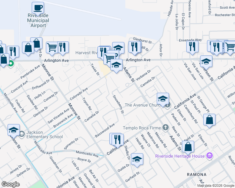 map of restaurants, bars, coffee shops, grocery stores, and more near 4474 Sacramento Street in Riverside