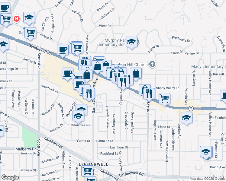 map of restaurants, bars, coffee shops, grocery stores, and more near 15907 La Forge Street in Whittier