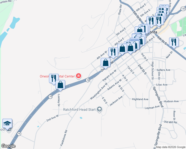 map of restaurants, bars, coffee shops, grocery stores, and more near 406 2nd Avenue West in Oneonta