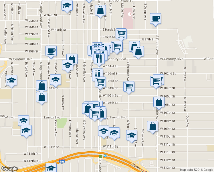 map of restaurants, bars, coffee shops, grocery stores, and more near 4329 West 104th Street in Inglewood