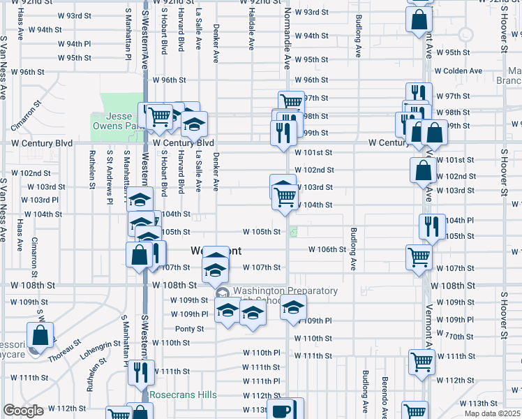 map of restaurants, bars, coffee shops, grocery stores, and more near 1448 West 104th Street in Los Angeles