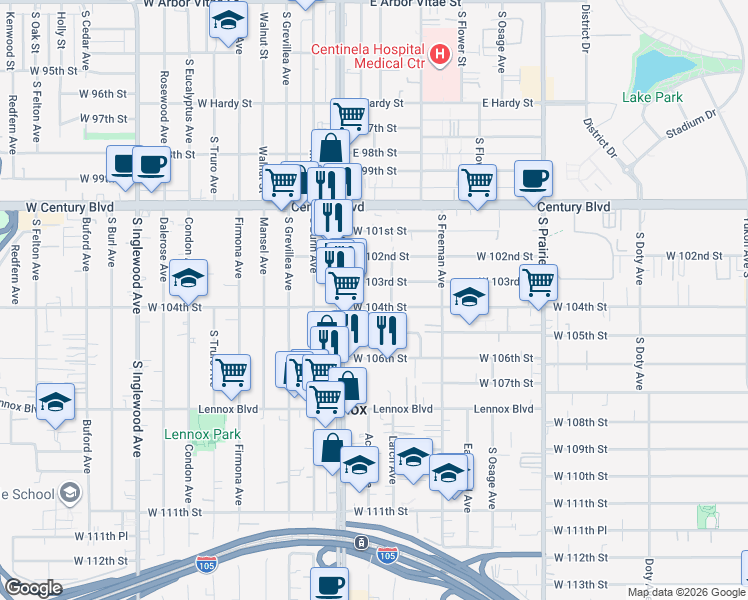 map of restaurants, bars, coffee shops, grocery stores, and more near 4319 West 104th Street in Inglewood