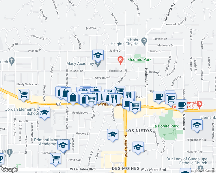 map of restaurants, bars, coffee shops, grocery stores, and more near 1272 Macy Street in La Habra