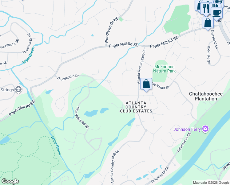 map of restaurants, bars, coffee shops, grocery stores, and more near 1 Chattahoochee Plantation Drive Southeast in Marietta
