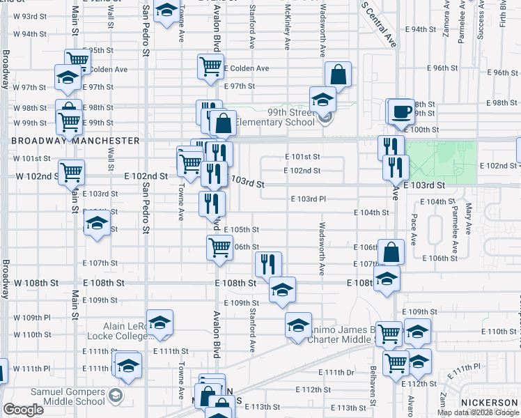 map of restaurants, bars, coffee shops, grocery stores, and more near 713 East 104th Street in Los Angeles